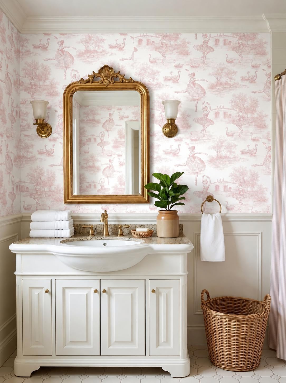 Peel and Stick Wallpaper Self Adhesive Wall Mural Pink Toile Ballerina Swan Contact Paper Renter Friendly Wallpaper for Kitchen Nursery Bedroom 17.7"x118"