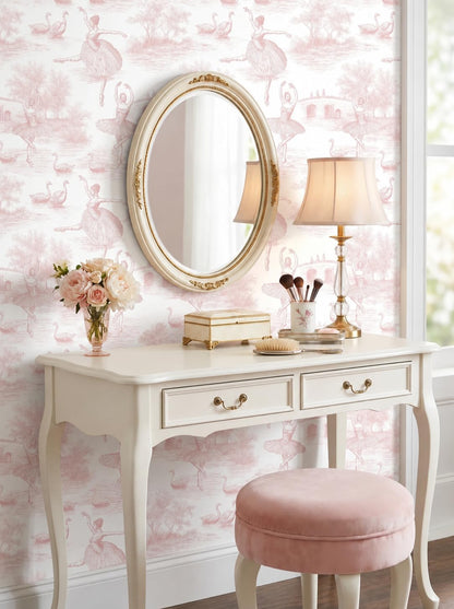 Peel and Stick Wallpaper Self Adhesive Wall Mural Pink Toile Ballerina Swan Contact Paper Renter Friendly Wallpaper for Kitchen Nursery Bedroom 17.7"x118"