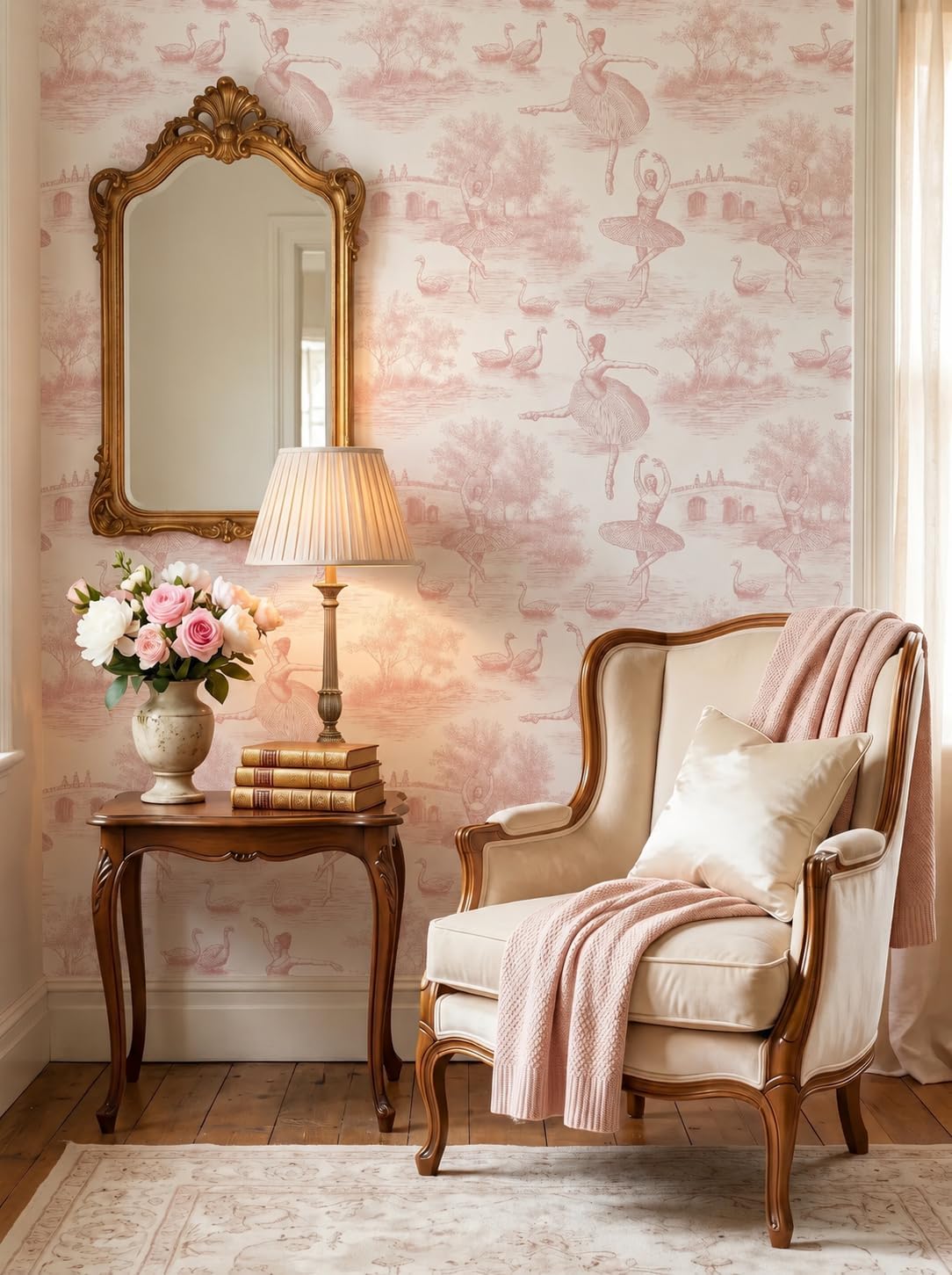 Peel and Stick Wallpaper Self Adhesive Wall Mural Pink Toile Ballerina Swan Contact Paper Renter Friendly Wallpaper for Kitchen Nursery Bedroom 17.7"x118"