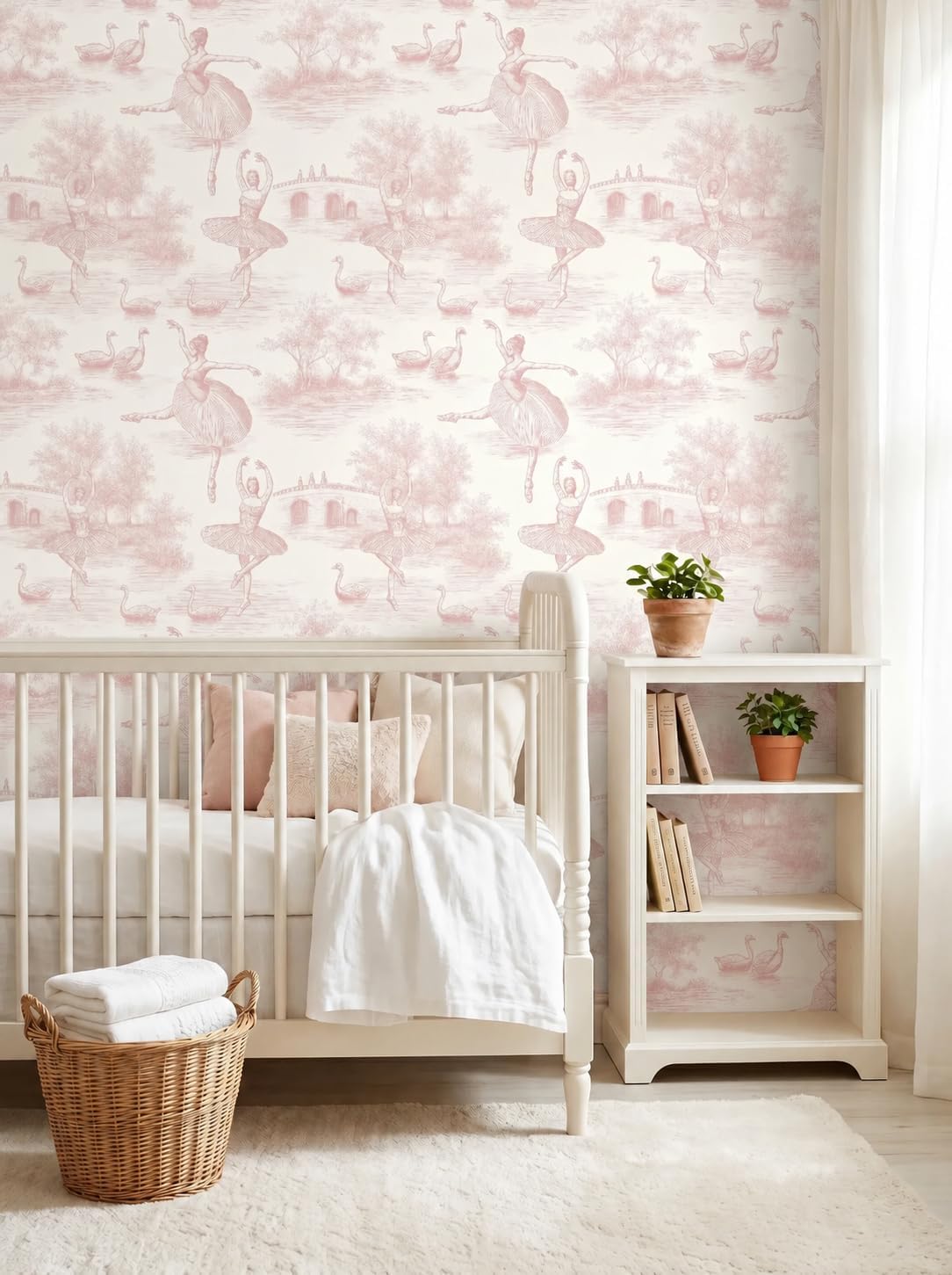 Peel and Stick Wallpaper Self Adhesive Wall Mural Pink Toile Ballerina Swan Contact Paper Renter Friendly Wallpaper for Kitchen Nursery Bedroom 17.7"x118"