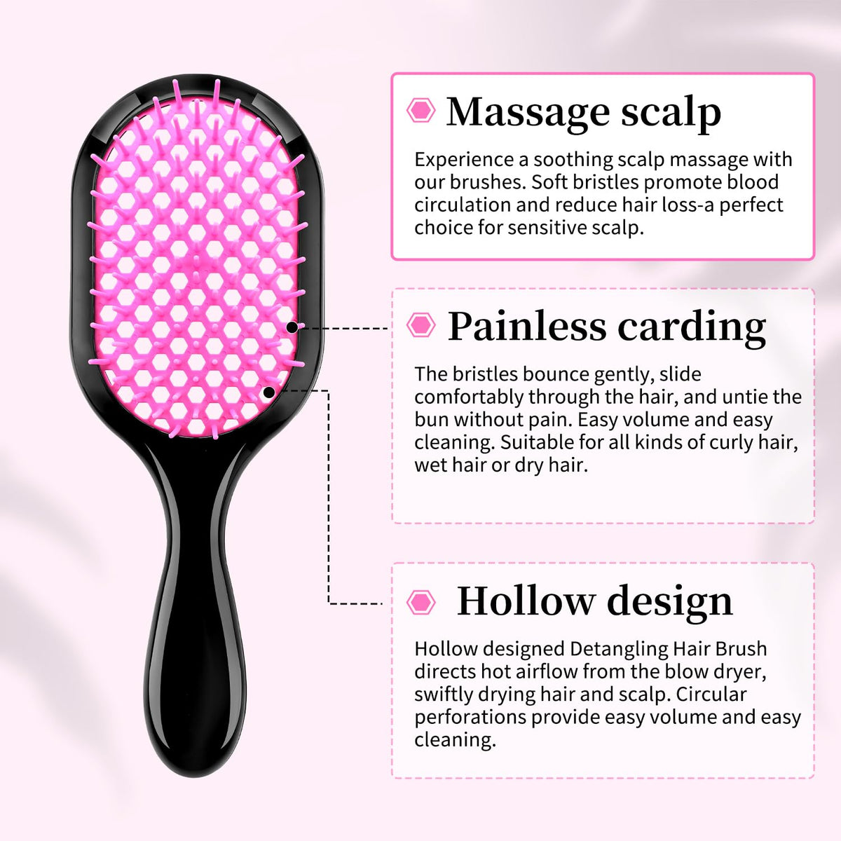 Detangling Brush,1 Pack Detangler Brush, Gentle & Effective Detangling on Wet or Dry Fragile Hair Types,Ultra-light, Detangling Brsuh ventilated and antistatic hairbrush (Pink)