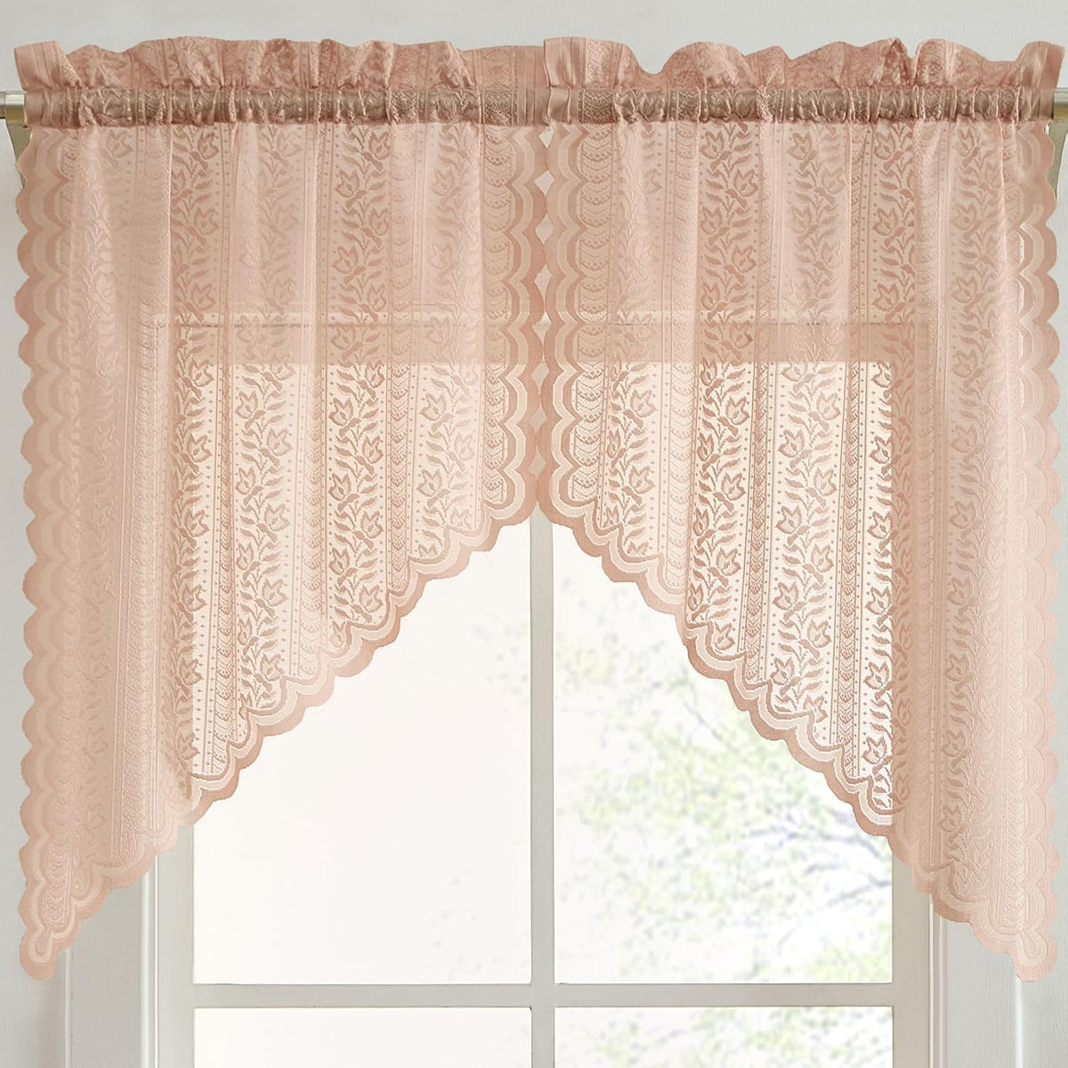 HLC.ME Sophia Floral Rod Pocket Lace Short Cafe Swags for Small Windows - 28 x 36 Inch Length (Blush Pink Swags, Set of 2)