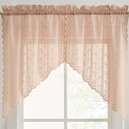 HLC.ME Sophia Floral Rod Pocket Lace Short Cafe Swags for Small Windows - 28 x 36 Inch Length (Blush Pink Swags, Set of 2)