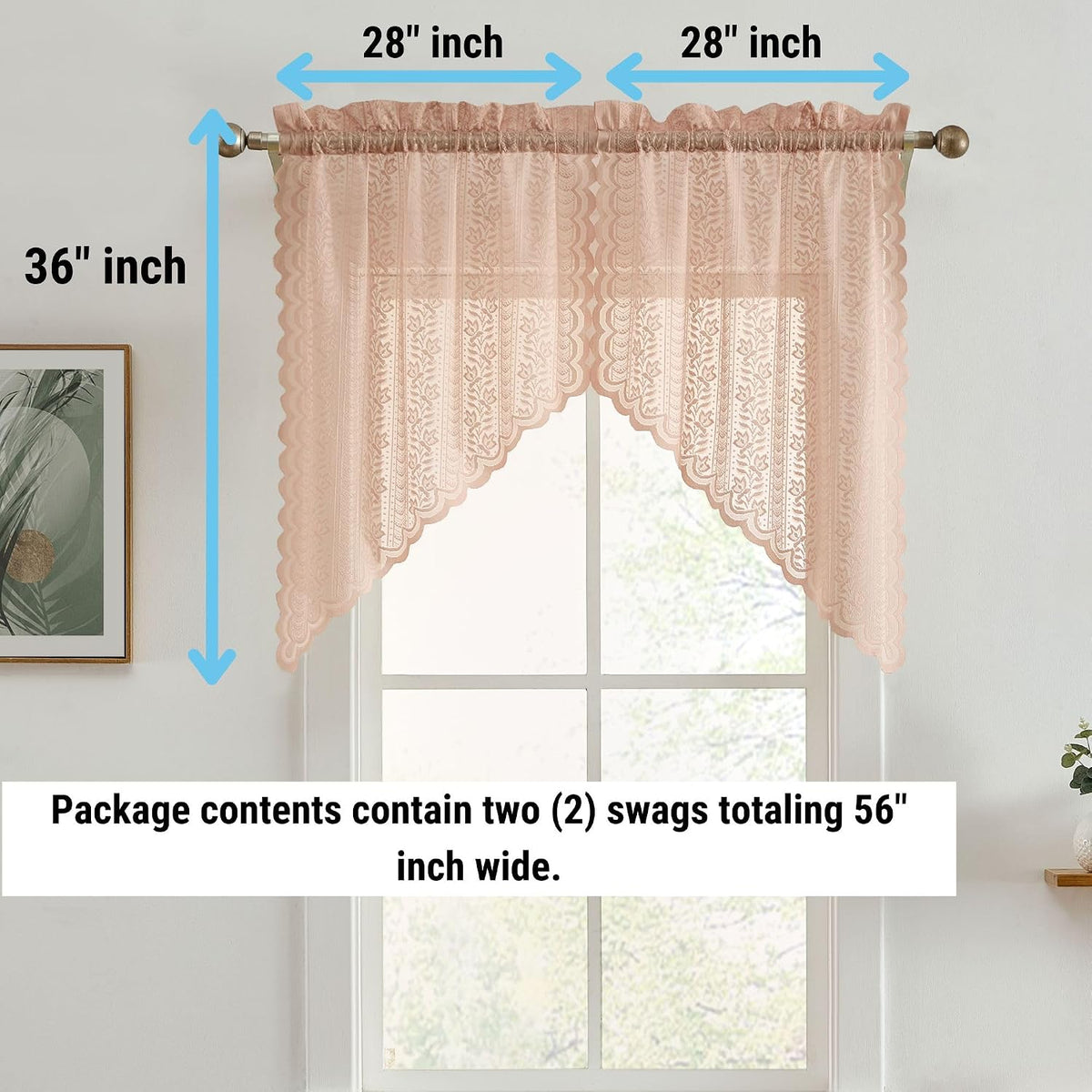 HLC.ME Sophia Floral Rod Pocket Lace Short Cafe Swags for Small Windows - 28 x 36 Inch Length (Blush Pink Swags, Set of 2)