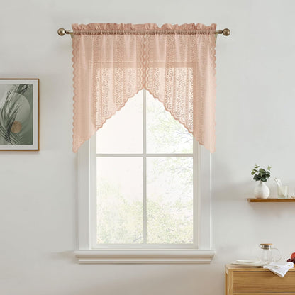 HLC.ME Sophia Floral Rod Pocket Lace Short Cafe Swags for Small Windows - 28 x 36 Inch Length (Blush Pink Swags, Set of 2)