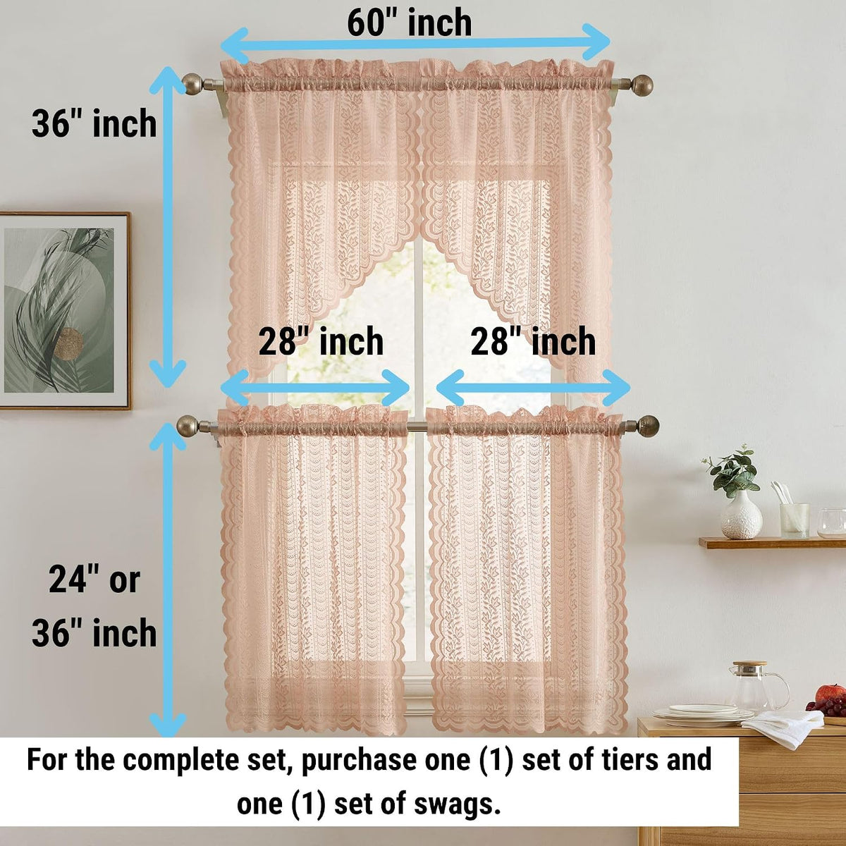 HLC.ME Sophia Floral Rod Pocket Lace Short Cafe Swags for Small Windows - 28 x 36 Inch Length (Blush Pink Swags, Set of 2)