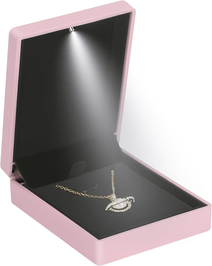 LED Light Pendant Necklace Gift Box, Velvet Jewelry Storage Display Case for Proposal Engagement Wedding Anniversary Birthday Valentine's Day (Pink)
