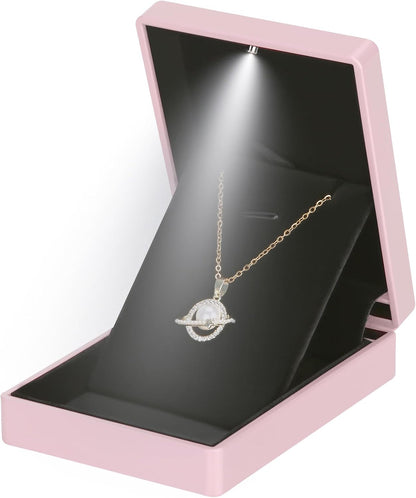 LED Light Pendant Necklace Gift Box, Velvet Jewelry Storage Display Case for Proposal Engagement Wedding Anniversary Birthday Valentine's Day (Pink)