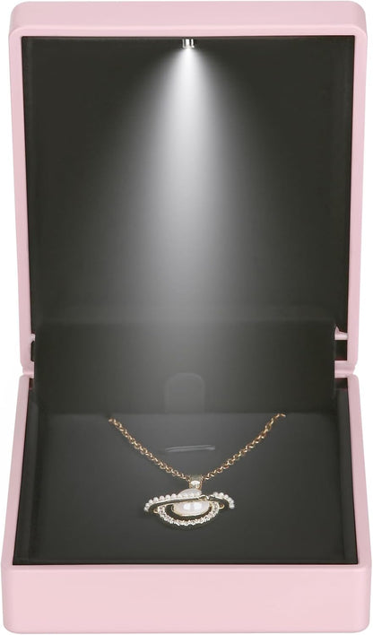 LED Light Pendant Necklace Gift Box, Velvet Jewelry Storage Display Case for Proposal Engagement Wedding Anniversary Birthday Valentine's Day (Pink)