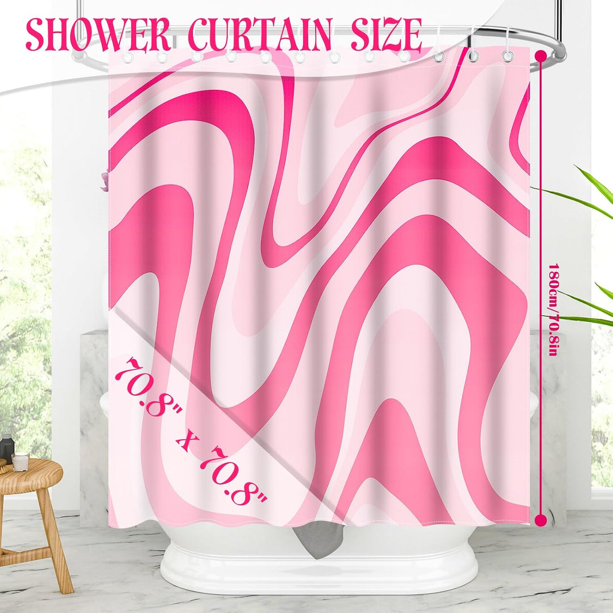 Pink Shower Curtain Cute Preppy Aesthetic 70S 80S Abstract Wavy Swirl Shower Curtain with 12 Hooks, Groovy Teen Girls Bathroom Accessories 72 * 72 Inches, Pink
