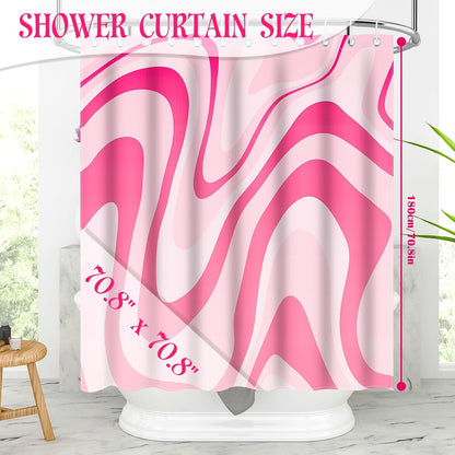Pink Shower Curtain Cute Preppy Aesthetic 70S 80S Abstract Wavy Swirl Shower Curtain with 12 Hooks, Groovy Teen Girls Bathroom Accessories 72 * 72 Inches, Pink