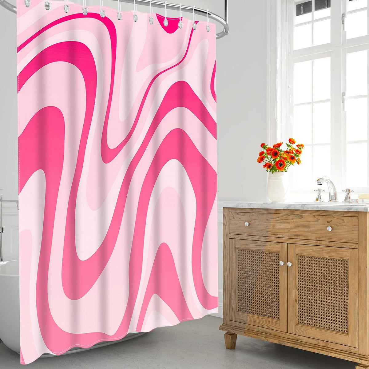 Pink Shower Curtain Cute Preppy Aesthetic 70S 80S Abstract Wavy Swirl Shower Curtain with 12 Hooks, Groovy Teen Girls Bathroom Accessories 72 * 72 Inches, Pink