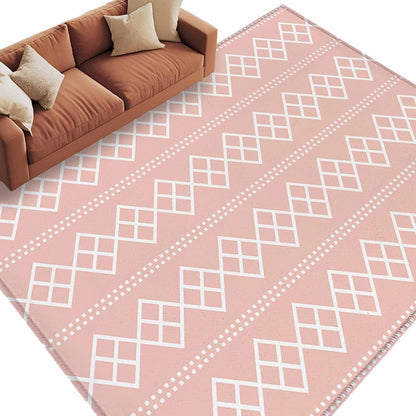 Peach Pink Checkered Area Rug 6x9ft Abstract White Geometric Argyle Stripe Non-Slip Washable Rectangle Rugs Soft Felt Indoor Floor Mat for Bedroom Kitchen Living Room Bathroom