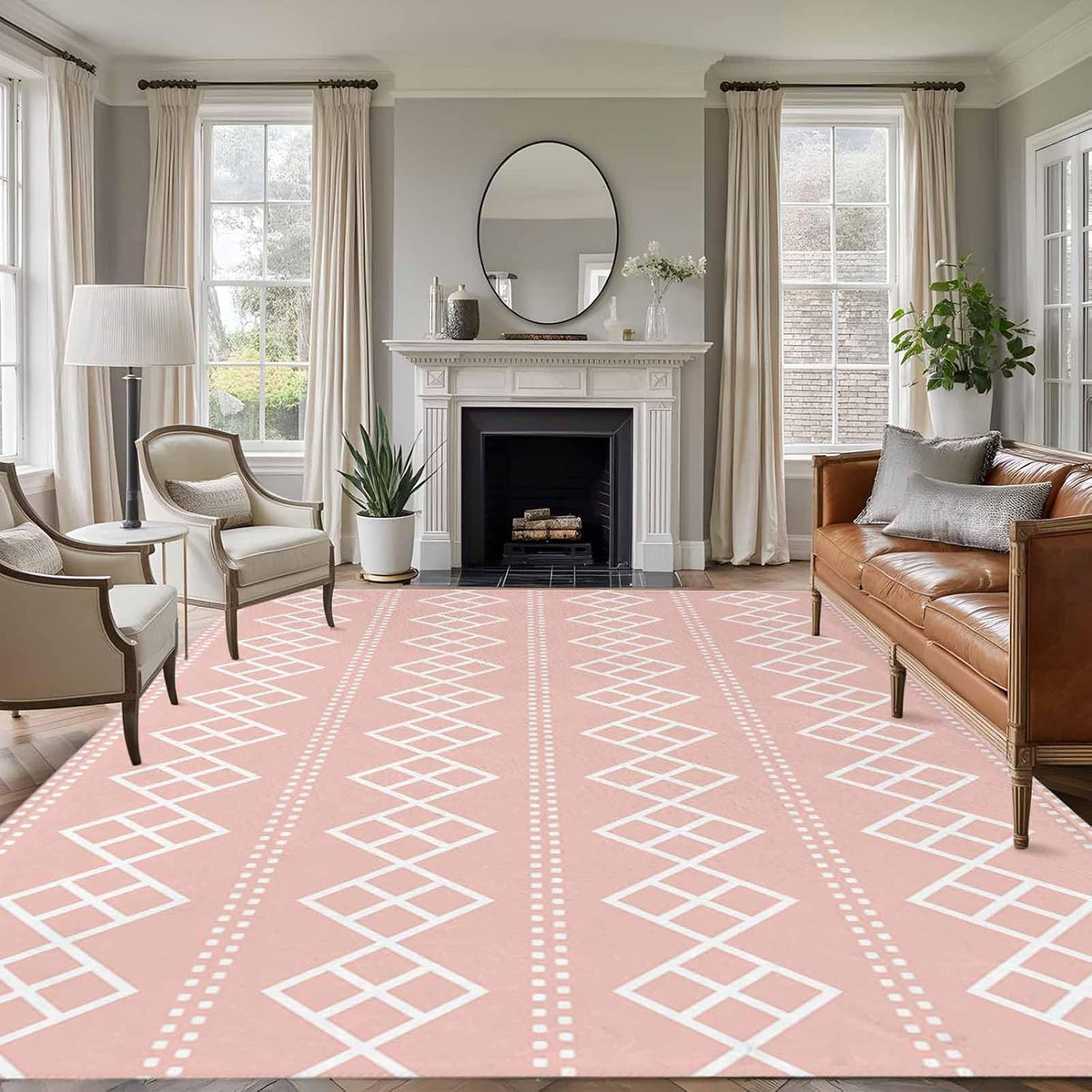 Peach Pink Checkered Area Rug 6x9ft Abstract White Geometric Argyle Stripe Non-Slip Washable Rectangle Rugs Soft Felt Indoor Floor Mat for Bedroom Kitchen Living Room Bathroom