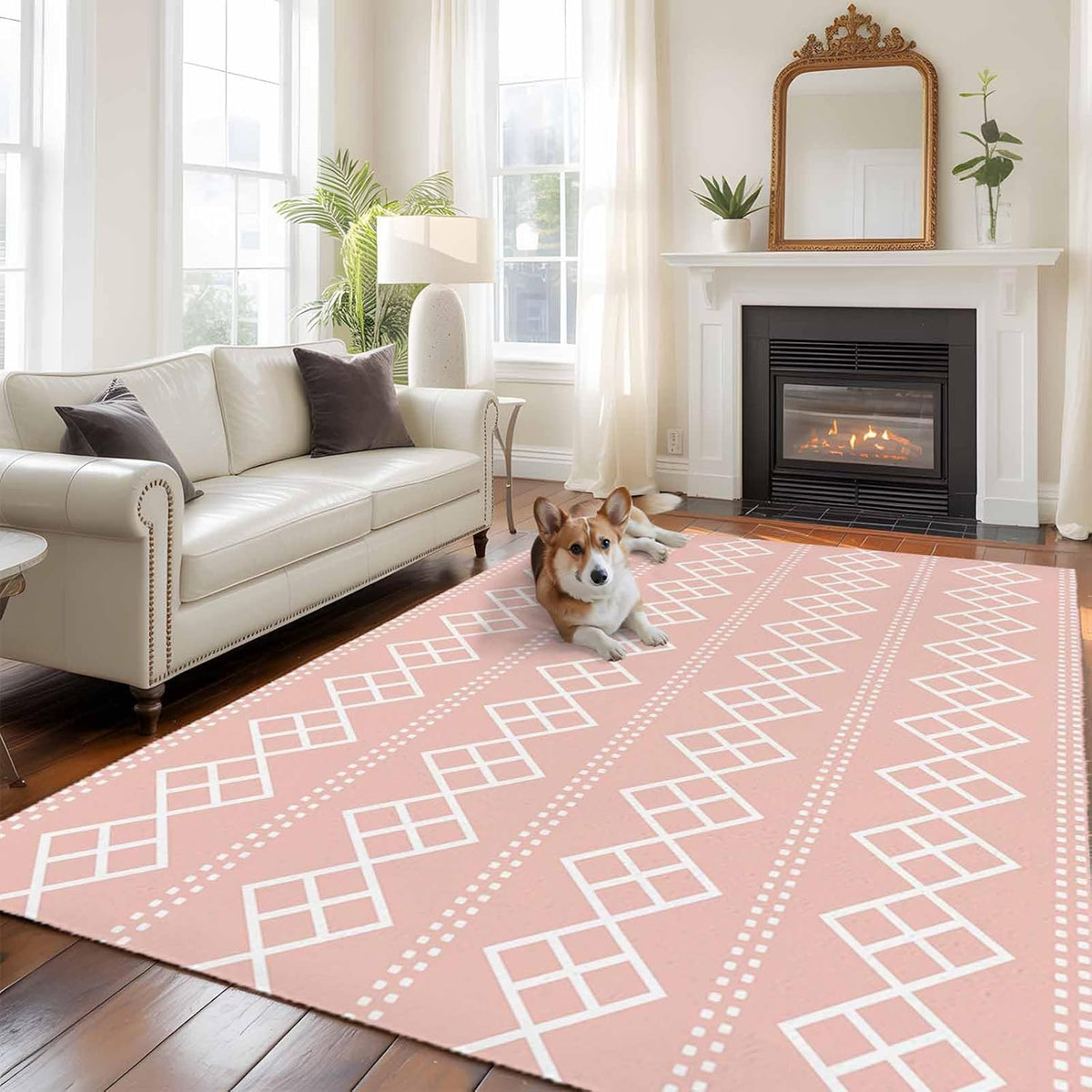 Peach Pink Checkered Area Rug 6x9ft Abstract White Geometric Argyle Stripe Non-Slip Washable Rectangle Rugs Soft Felt Indoor Floor Mat for Bedroom Kitchen Living Room Bathroom