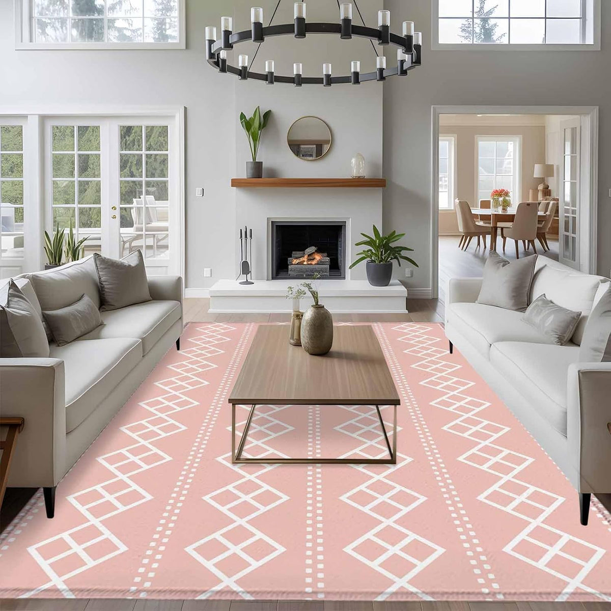 Peach Pink Checkered Area Rug 6x9ft Abstract White Geometric Argyle Stripe Non-Slip Washable Rectangle Rugs Soft Felt Indoor Floor Mat for Bedroom Kitchen Living Room Bathroom