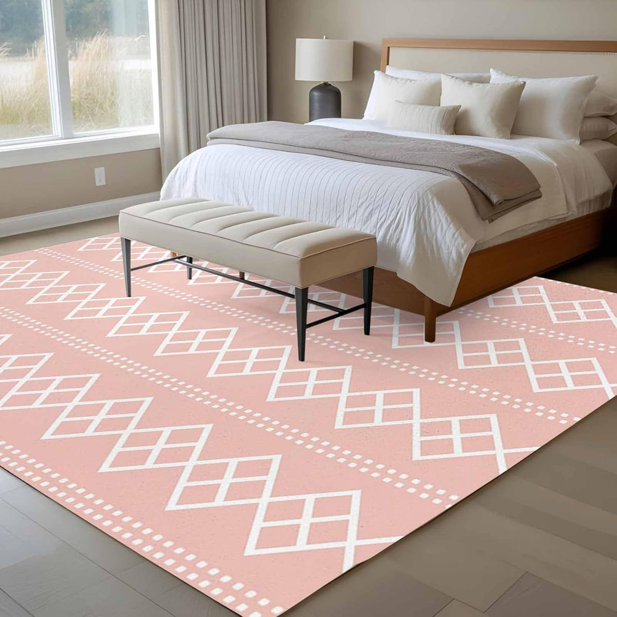 Peach Pink Checkered Area Rug 6x9ft Abstract White Geometric Argyle Stripe Non-Slip Washable Rectangle Rugs Soft Felt Indoor Floor Mat for Bedroom Kitchen Living Room Bathroom