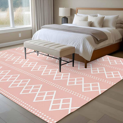 Peach Pink Checkered Area Rug 6x9ft Abstract White Geometric Argyle Stripe Non-Slip Washable Rectangle Rugs Soft Felt Indoor Floor Mat for Bedroom Kitchen Living Room Bathroom