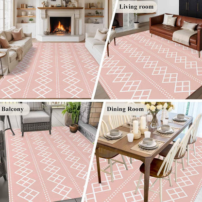 Peach Pink Checkered Area Rug 6x9ft Abstract White Geometric Argyle Stripe Non-Slip Washable Rectangle Rugs Soft Felt Indoor Floor Mat for Bedroom Kitchen Living Room Bathroom
