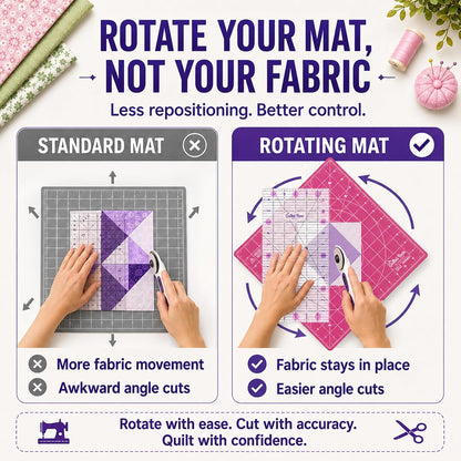 The Quilted Bear Rotating Cutting Mat 12" x 12" - Locking & Rotating Self Healing Cutting Board for Sewing, Fabric & Quilting - 360 Degree Sewing Supplies Mat for Craft Table (Pink)