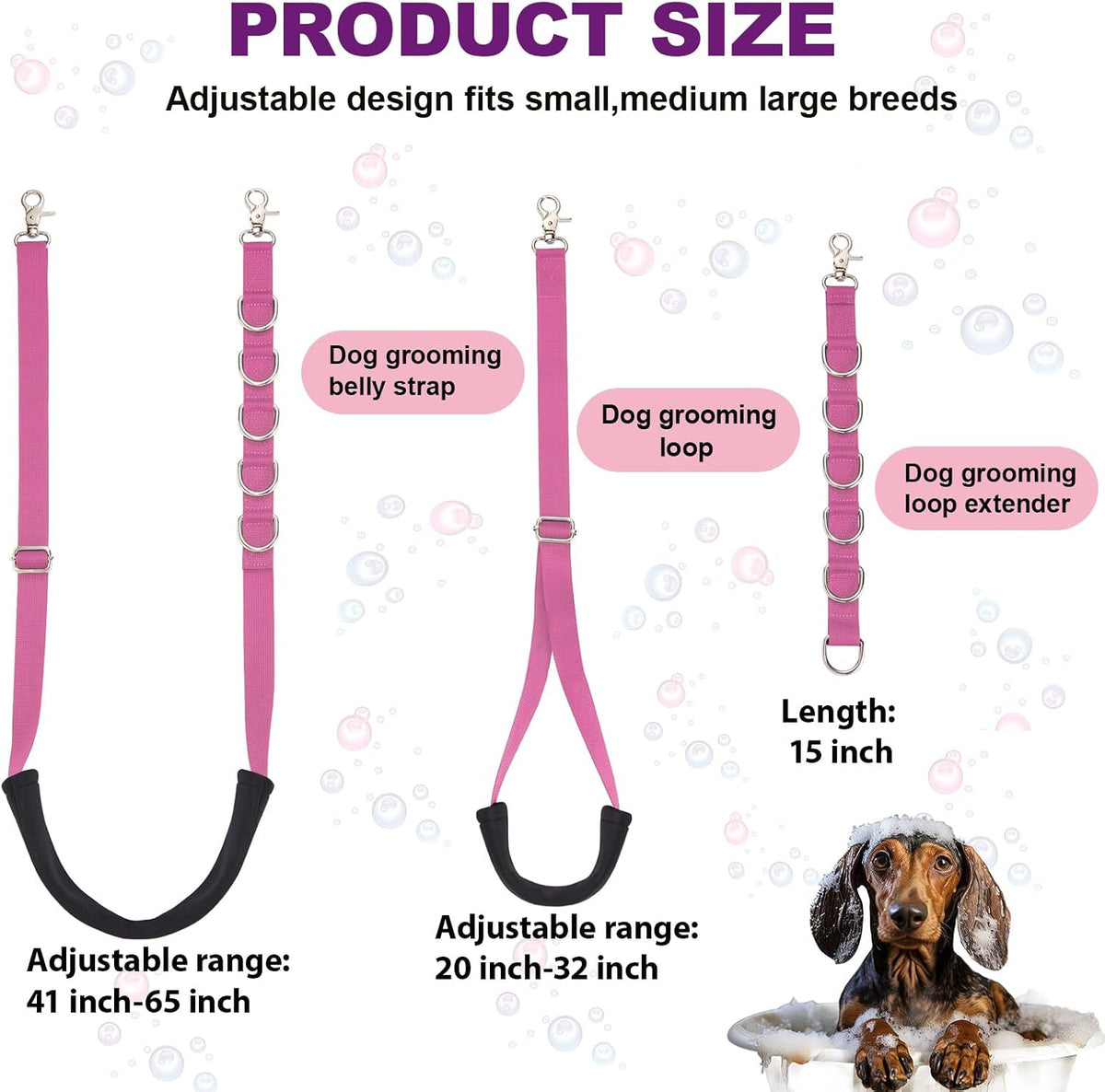 Dog Grooming Belly Strap - 3PCS Grooming Restraint Set Adjustable Belly Band Loops Strap with Padded Support & Loop Extension Straps Pet Grooming Harness Kit for Dogs (Pink)