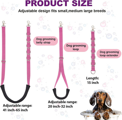 Dog Grooming Belly Strap - 3PCS Grooming Restraint Set Adjustable Belly Band Loops Strap with Padded Support & Loop Extension Straps Pet Grooming Harness Kit for Dogs (Pink)