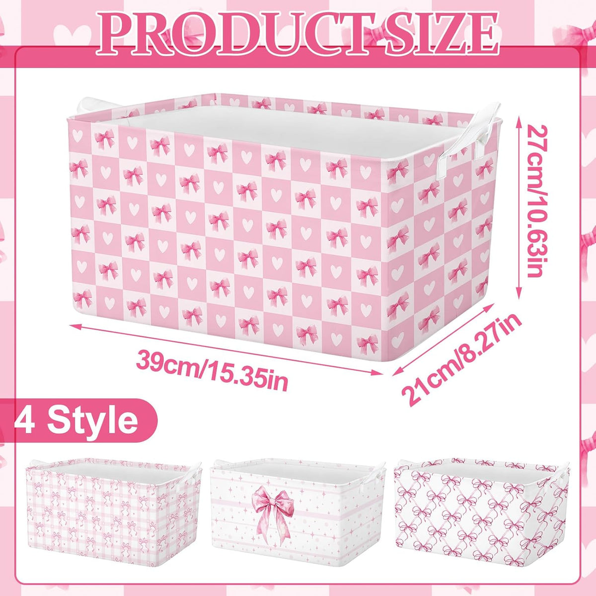 4pcs Christmas Storage Basket Fabric Laundry Baskets with Handle Xmas Foldable Organizer Boxes for Office Home Baby Cloth Toy Book 15 x 10 x 8 (Pink Bowknot)