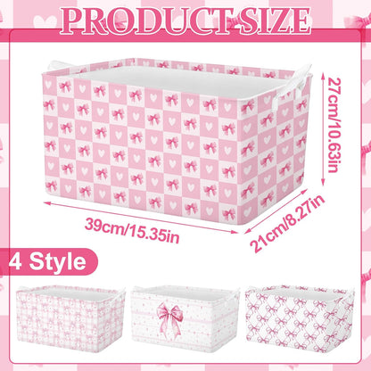 4pcs Christmas Storage Basket Fabric Laundry Baskets with Handle Xmas Foldable Organizer Boxes for Office Home Baby Cloth Toy Book 15 x 10 x 8 (Pink Bowknot)