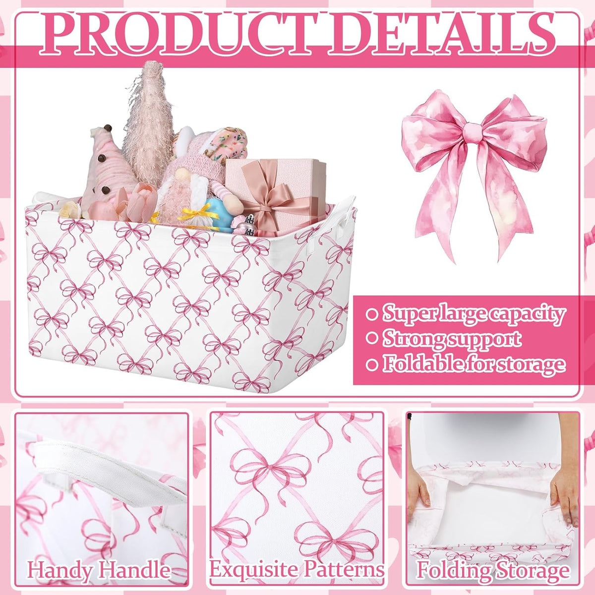 4pcs Christmas Storage Basket Fabric Laundry Baskets with Handle Xmas Foldable Organizer Boxes for Office Home Baby Cloth Toy Book 15 x 10 x 8 (Pink Bowknot)