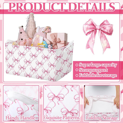 4pcs Christmas Storage Basket Fabric Laundry Baskets with Handle Xmas Foldable Organizer Boxes for Office Home Baby Cloth Toy Book 15 x 10 x 8 (Pink Bowknot)