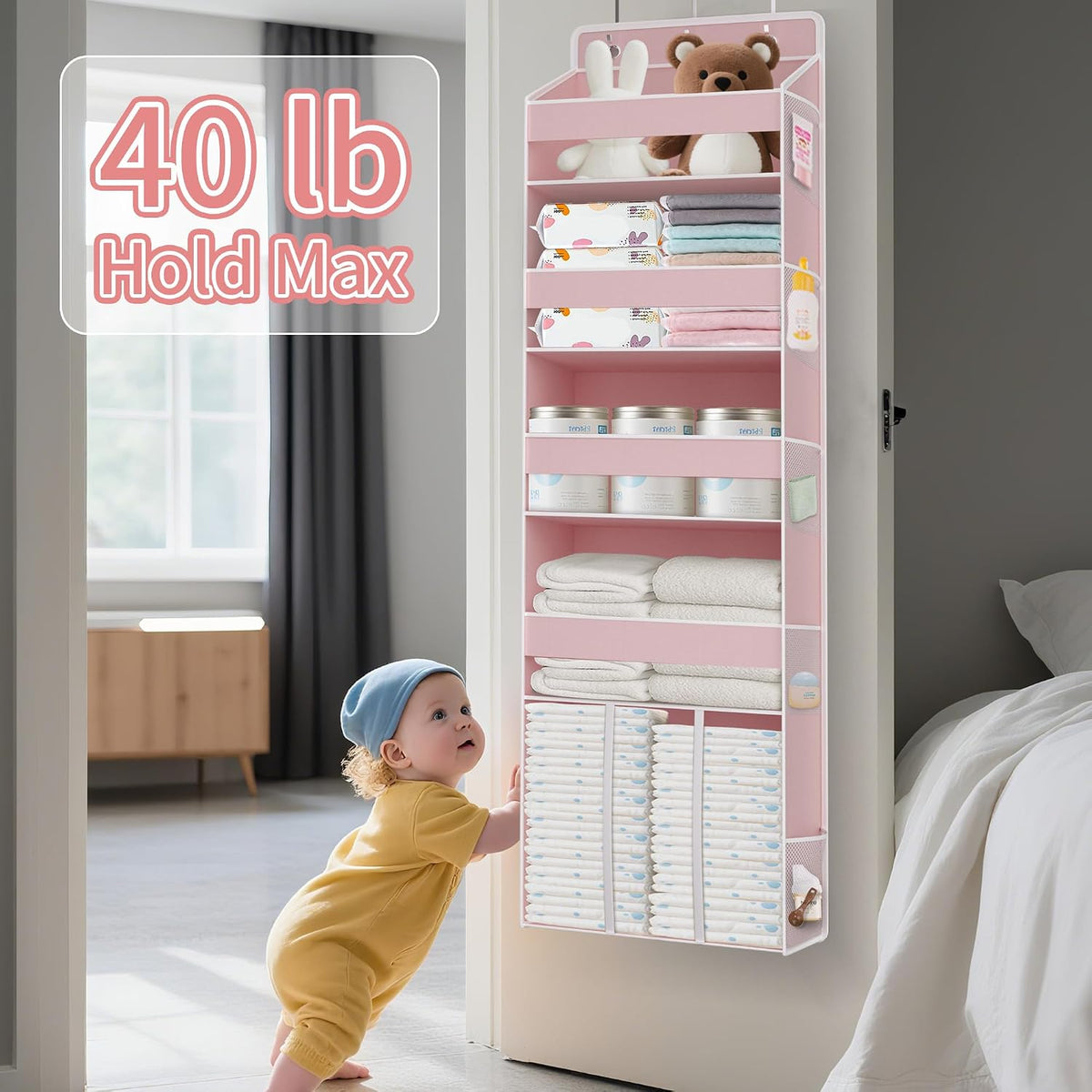 1PC Pink Over the Door Nursery Organizer with Large Capacity Caddy