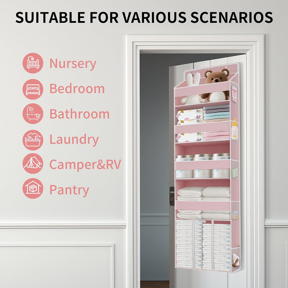 1PC Pink Over the Door Nursery Organizer with Large Capacity Caddy