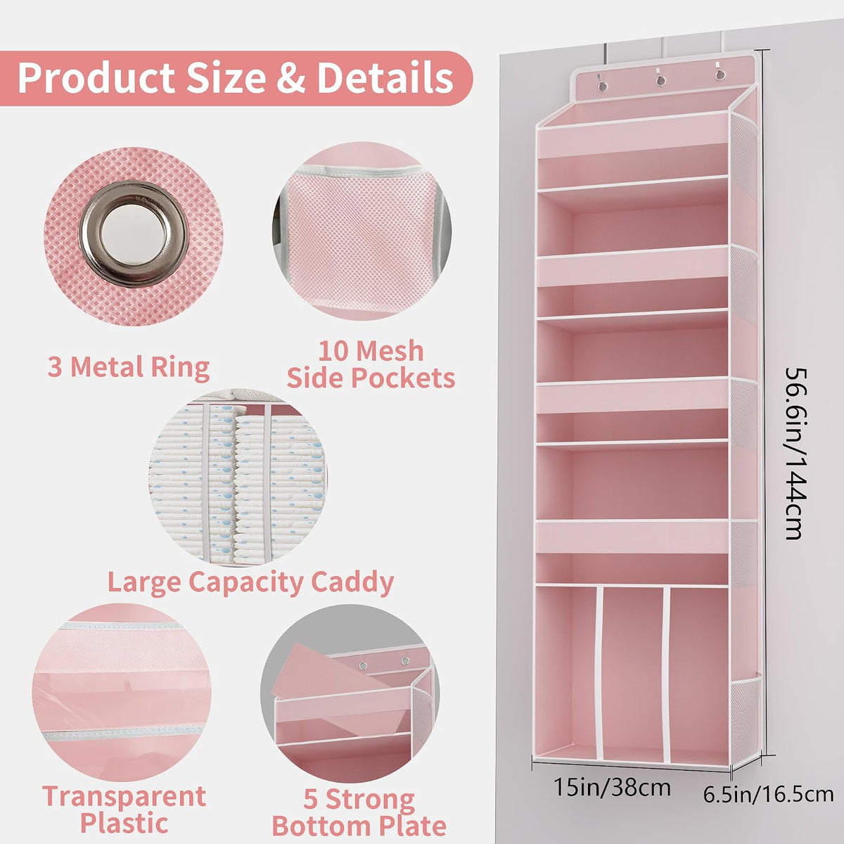 1PC Pink Over the Door Nursery Organizer with Large Capacity Caddy