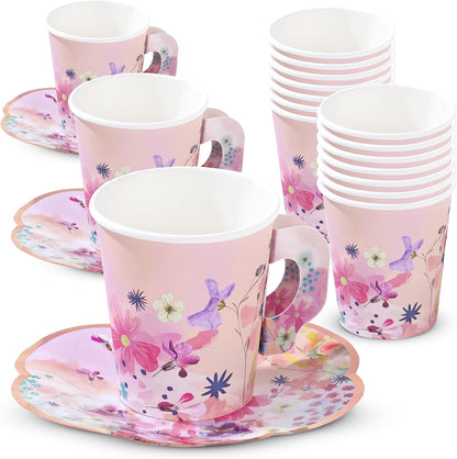12 x Paper Tea Cups & Saucers Set | Pink Floral Tea Party Cups 6 oz, Disposable Tableware for Afternoon Tea, Baby Shower, Birthday