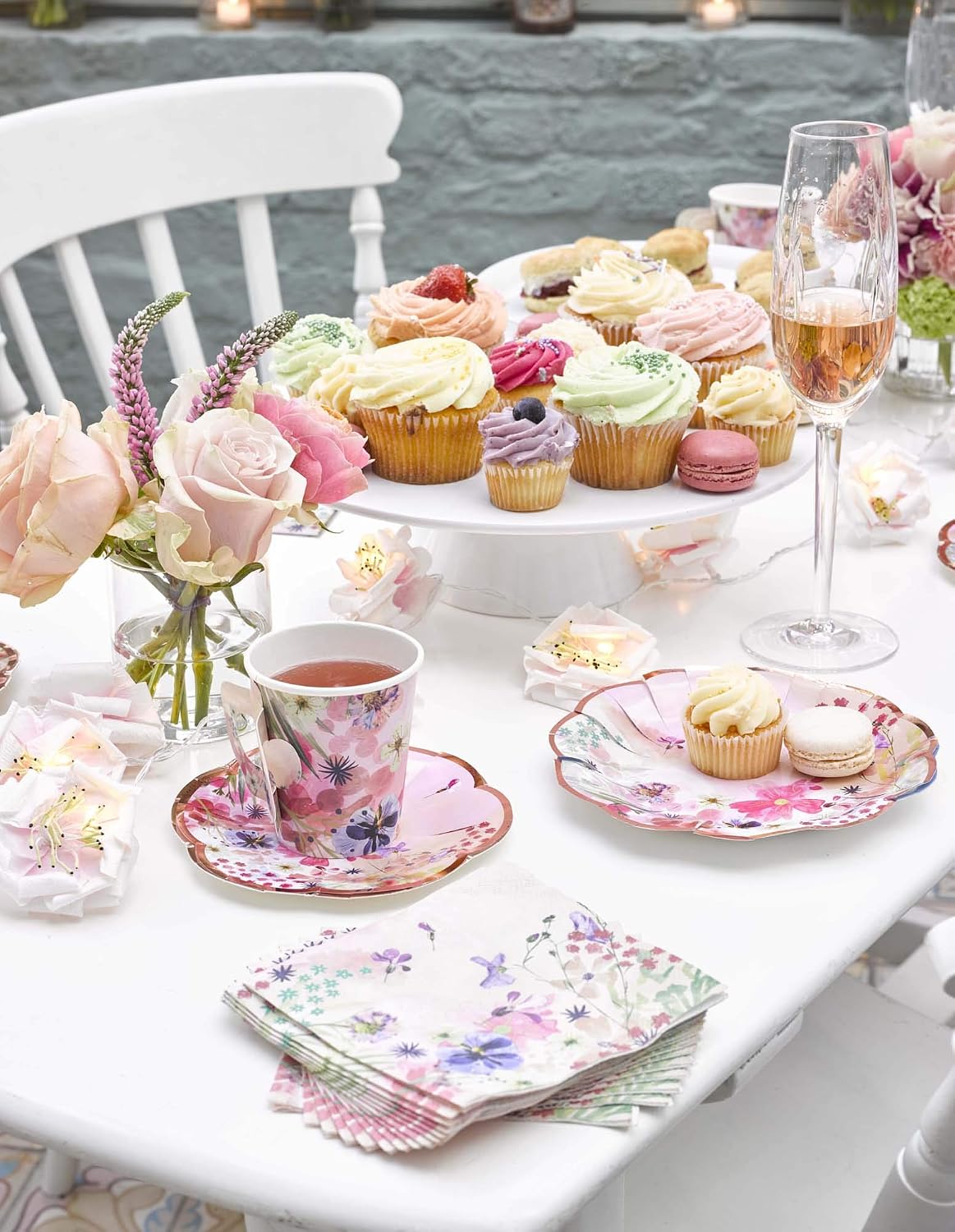 12 x Paper Tea Cups & Saucers Set | Pink Floral Tea Party Cups 6 oz, Disposable Tableware for Afternoon Tea, Baby Shower, Birthday
