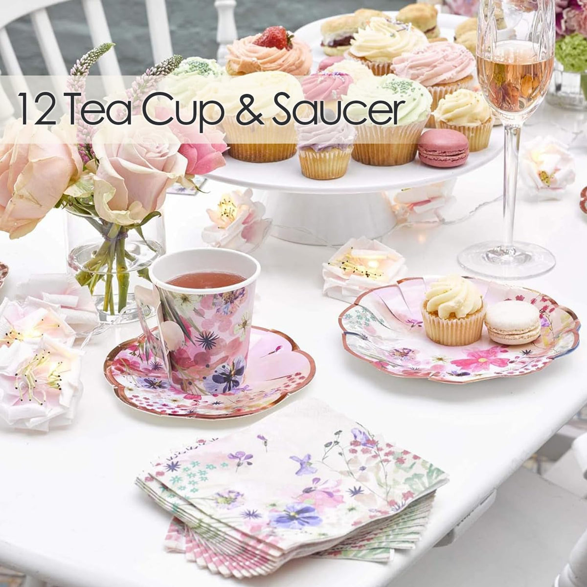 12 x Paper Tea Cups & Saucers Set | Pink Floral Tea Party Cups 6 oz, Disposable Tableware for Afternoon Tea, Baby Shower, Birthday