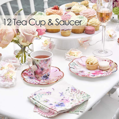 12 x Paper Tea Cups & Saucers Set | Pink Floral Tea Party Cups 6 oz, Disposable Tableware for Afternoon Tea, Baby Shower, Birthday