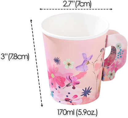 12 x Paper Tea Cups & Saucers Set | Pink Floral Tea Party Cups 6 oz, Disposable Tableware for Afternoon Tea, Baby Shower, Birthday