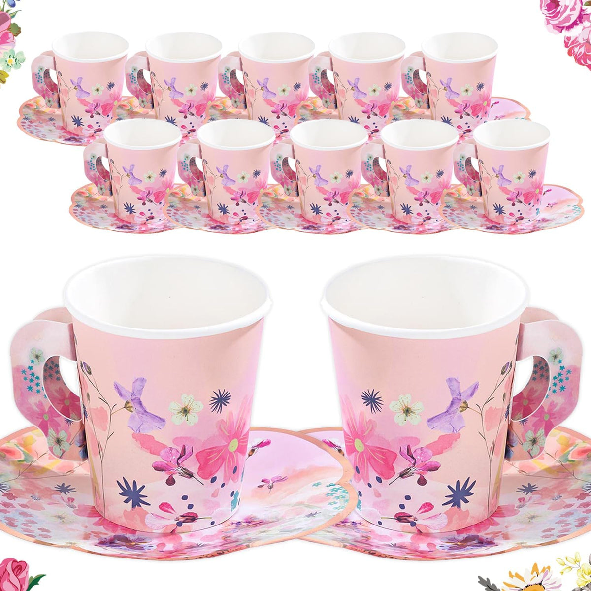 12 x Paper Tea Cups & Saucers Set | Pink Floral Tea Party Cups 6 oz, Disposable Tableware for Afternoon Tea, Baby Shower, Birthday