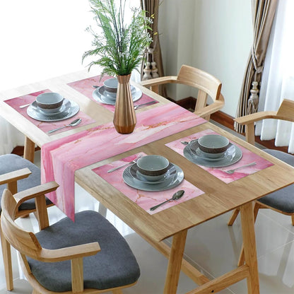 Geometric Pink Marble Table Runner and Placemats Set of 6 Table Mats and Runner for Dining Table Heat Resistant Place Mats with Table Runner