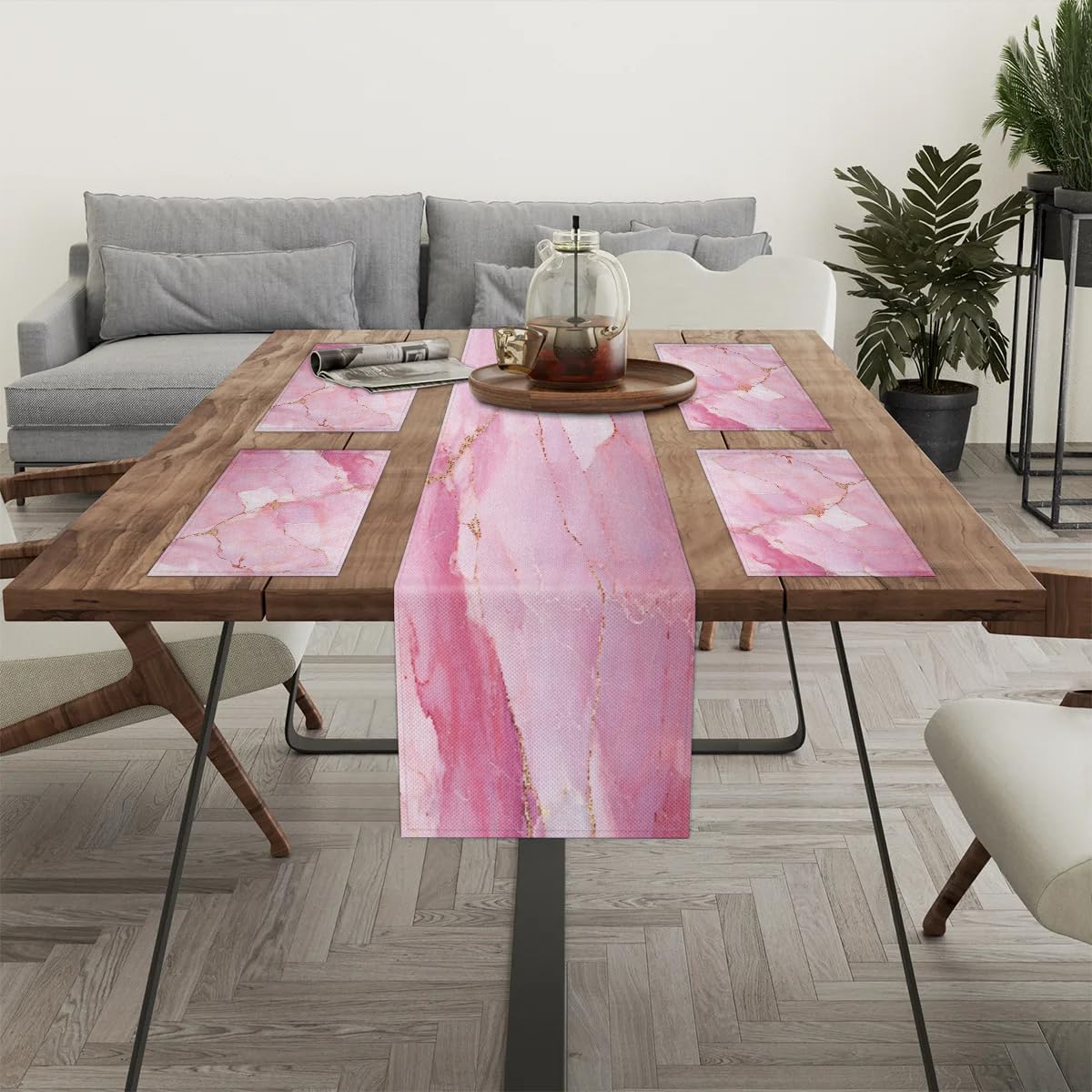 Geometric Pink Marble Table Runner and Placemats Set of 6 Table Mats and Runner for Dining Table Heat Resistant Place Mats with Table Runner