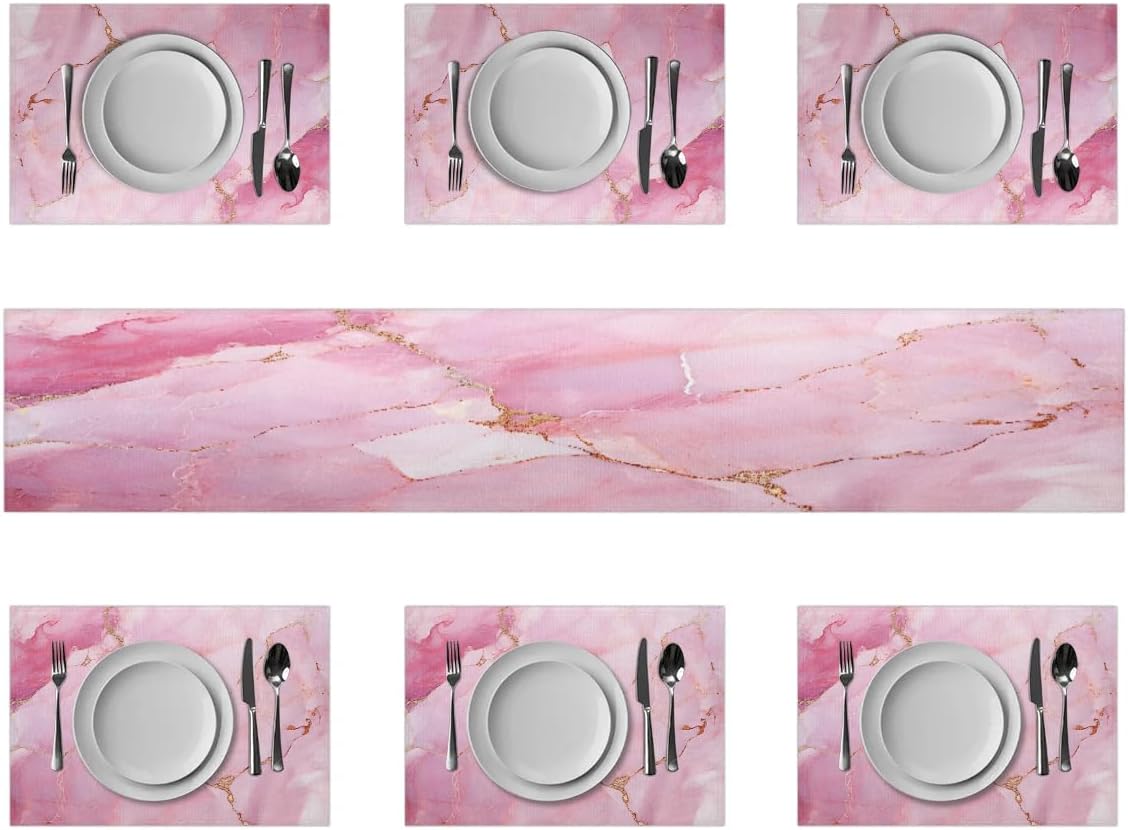 Geometric Pink Marble Table Runner and Placemats Set of 6 Table Mats and Runner for Dining Table Heat Resistant Place Mats with Table Runner