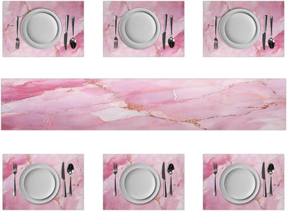 Geometric Pink Marble Table Runner and Placemats Set of 6 Table Mats and Runner for Dining Table Heat Resistant Place Mats with Table Runner