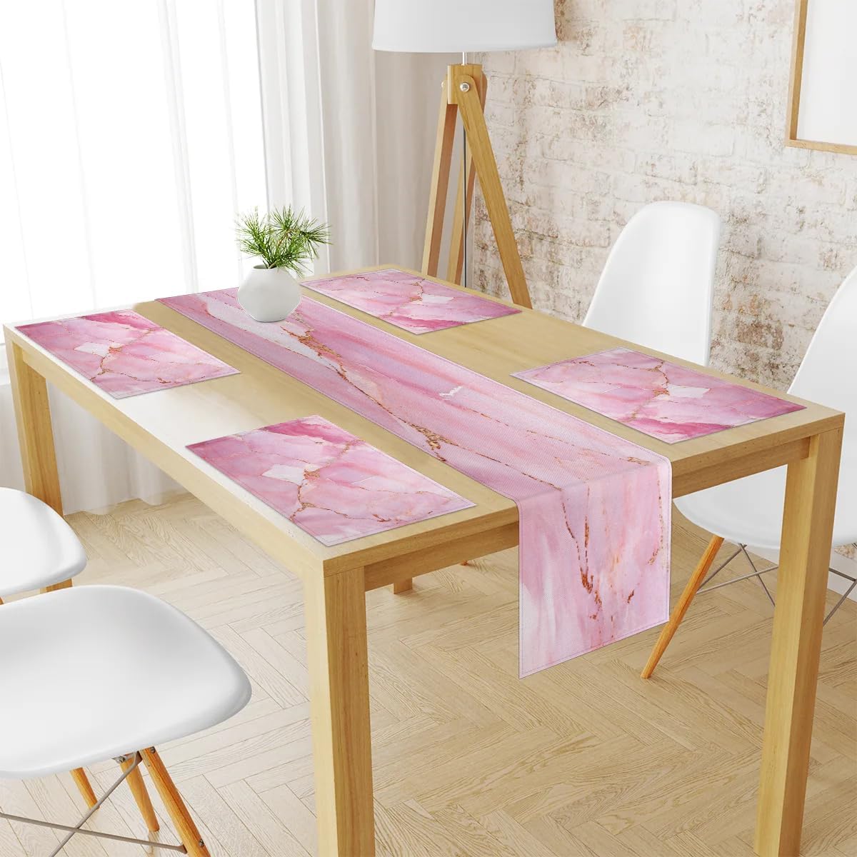 Geometric Pink Marble Table Runner and Placemats Set of 6 Table Mats and Runner for Dining Table Heat Resistant Place Mats with Table Runner