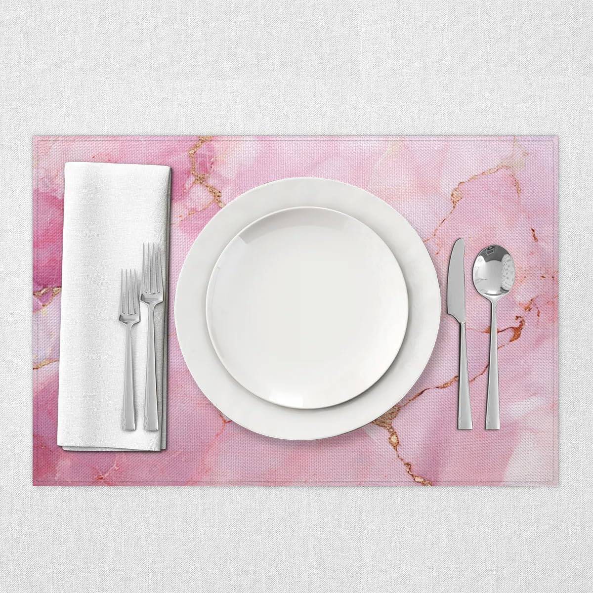 Geometric Pink Marble Table Runner and Placemats Set of 6 Table Mats and Runner for Dining Table Heat Resistant Place Mats with Table Runner