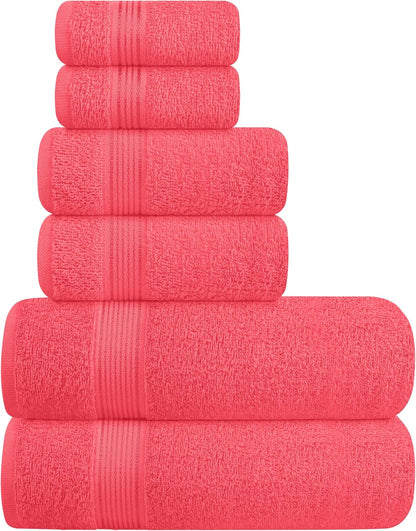 Ultra Soft 6 Pack Cotton Towel Set, Contains 2 Bath Towels 28x55 inch, 2 Hand Towels 16x24 inch & 2 Wash Coths 12x12 inch, Ideal for Everyday use, Compact & Lightweight - Coral Orange
