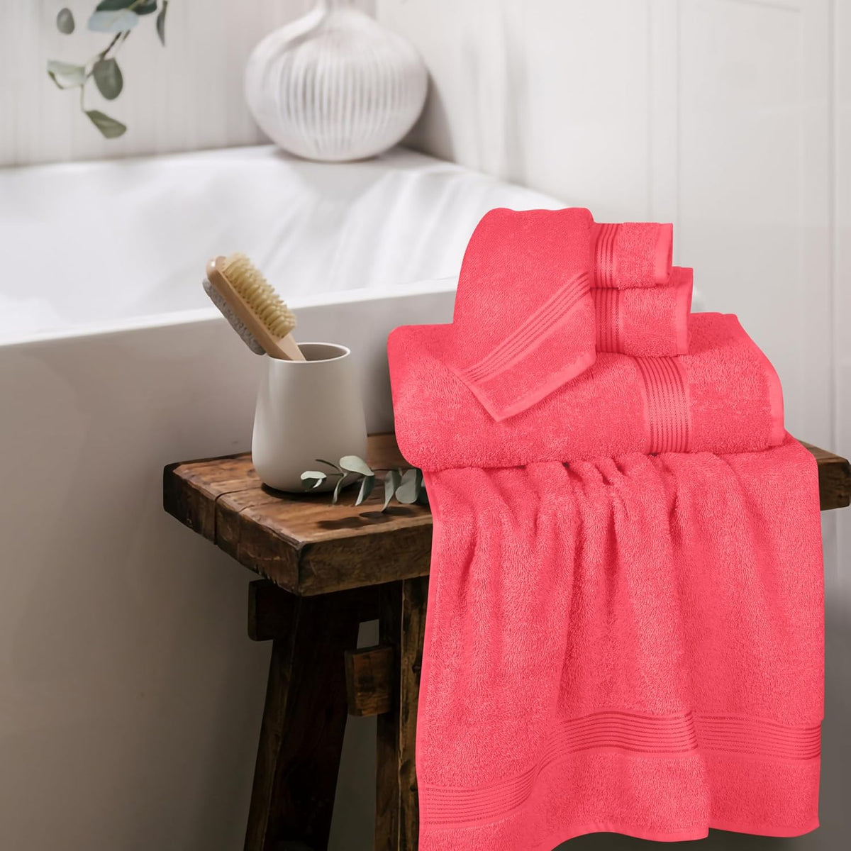 Ultra Soft 6 Pack Cotton Towel Set, Contains 2 Bath Towels 28x55 inch, 2 Hand Towels 16x24 inch & 2 Wash Coths 12x12 inch, Ideal for Everyday use, Compact & Lightweight - Coral Orange