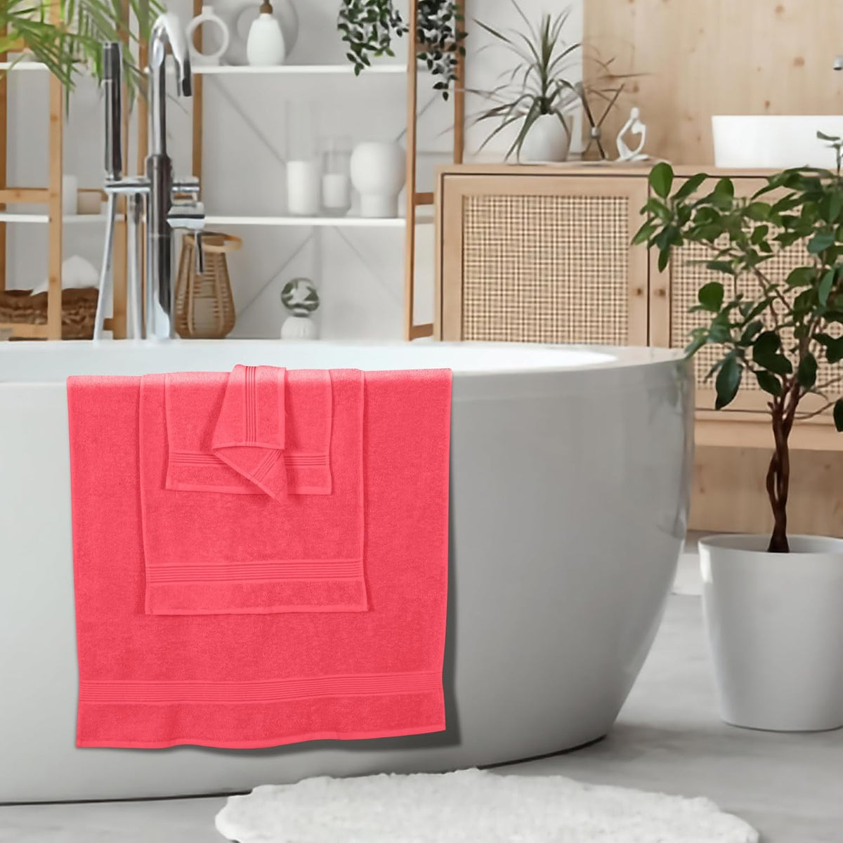 Ultra Soft 6 Pack Cotton Towel Set, Contains 2 Bath Towels 28x55 inch, 2 Hand Towels 16x24 inch & 2 Wash Coths 12x12 inch, Ideal for Everyday use, Compact & Lightweight - Coral Orange
