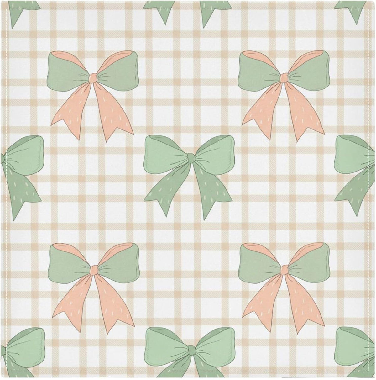 Cloth Napkins Set of 6 Green Peach Bows on Checkered Dinner Napkins 20x20 in, Washable & Reusable Fabric Table Napkin for Dining Parties Holiday, Eco-Friendly