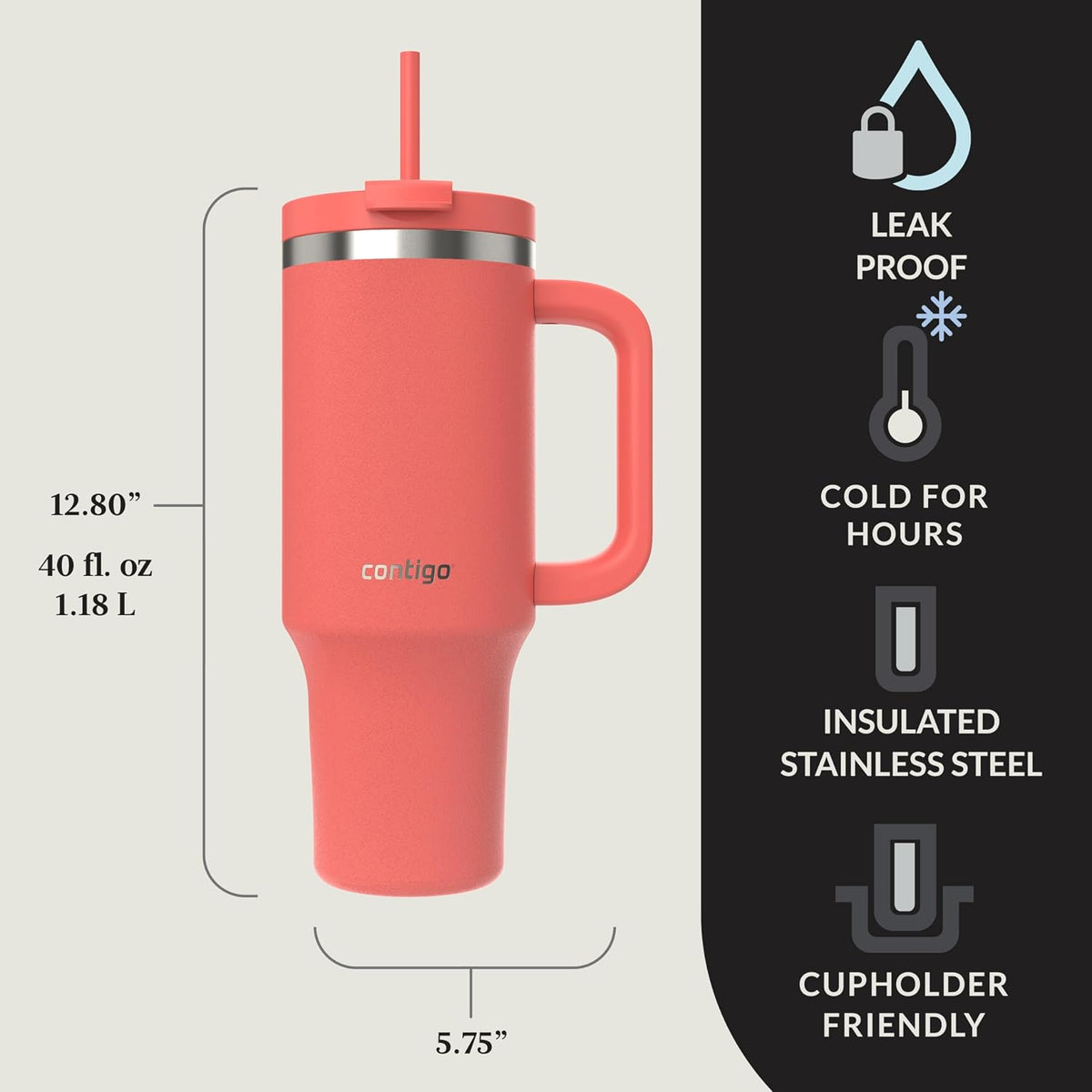 Streeterville 40oz Tumbler Stainless Steel Vacuum Insulated Leak-Proof Cold for 29 Hours Coral